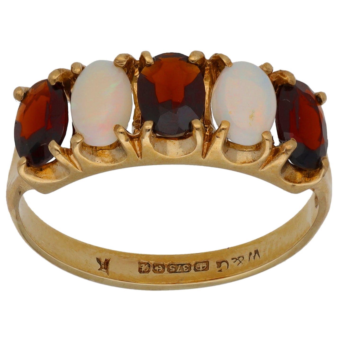 9ct Gold Garnet & Opal Half Eternity Ring Size P
