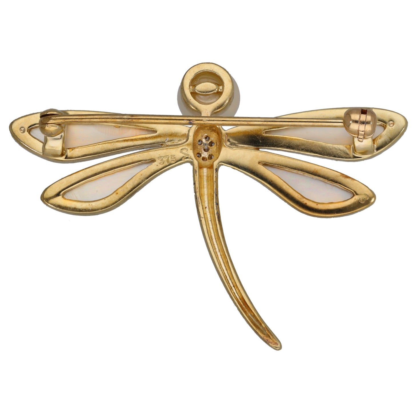 9ct Gold Cultured Pearl, Mother Of Pearl & 0.035ct Diamond Dragonfly Brooch