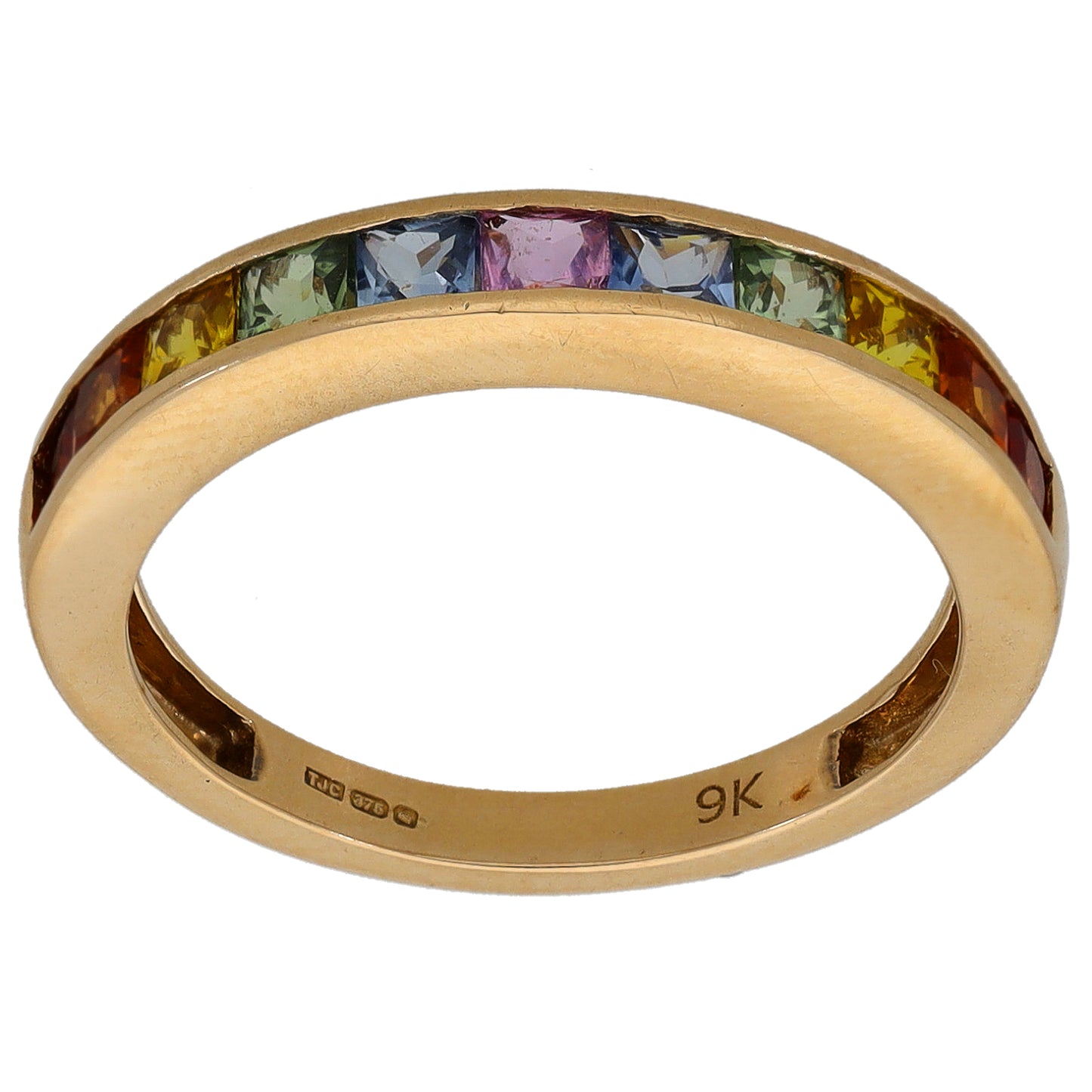 9ct gold half eternity ring with multicolor gemstone band, inner '9K' stamp