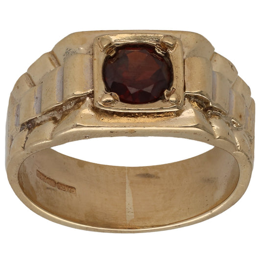 Gold signet ring with maroon garnet square setting and patterned band, size Q