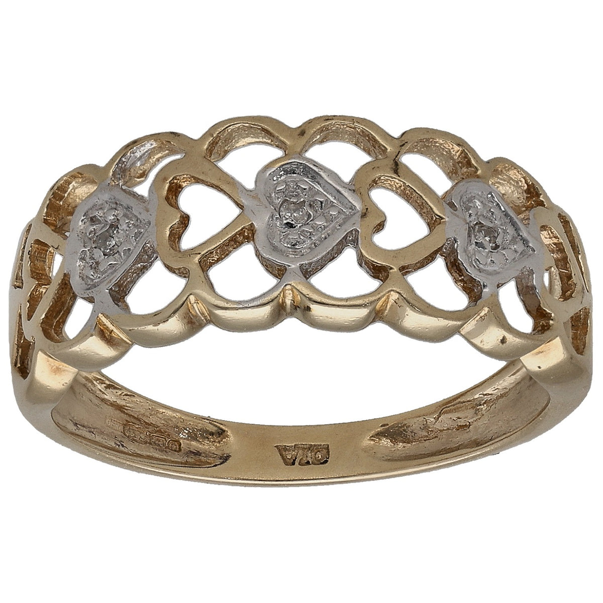 Bicolour gold ring with round center stone and openwork heart-like detailing