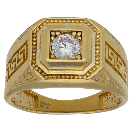 14ct Gold Cubic Zirconia Patterned Signet Ring Size T