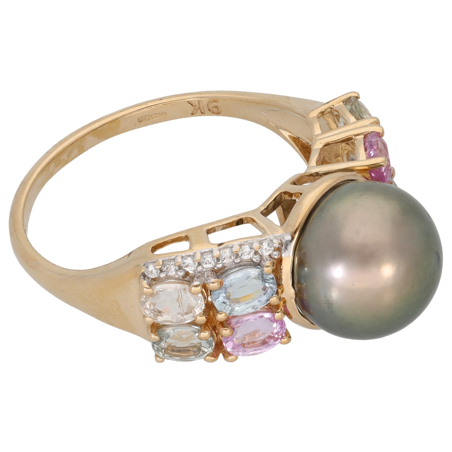 9ct Gold Cultured Pearl & Multi-Coloured Sapphire Dress/Cocktail Ring Size S
