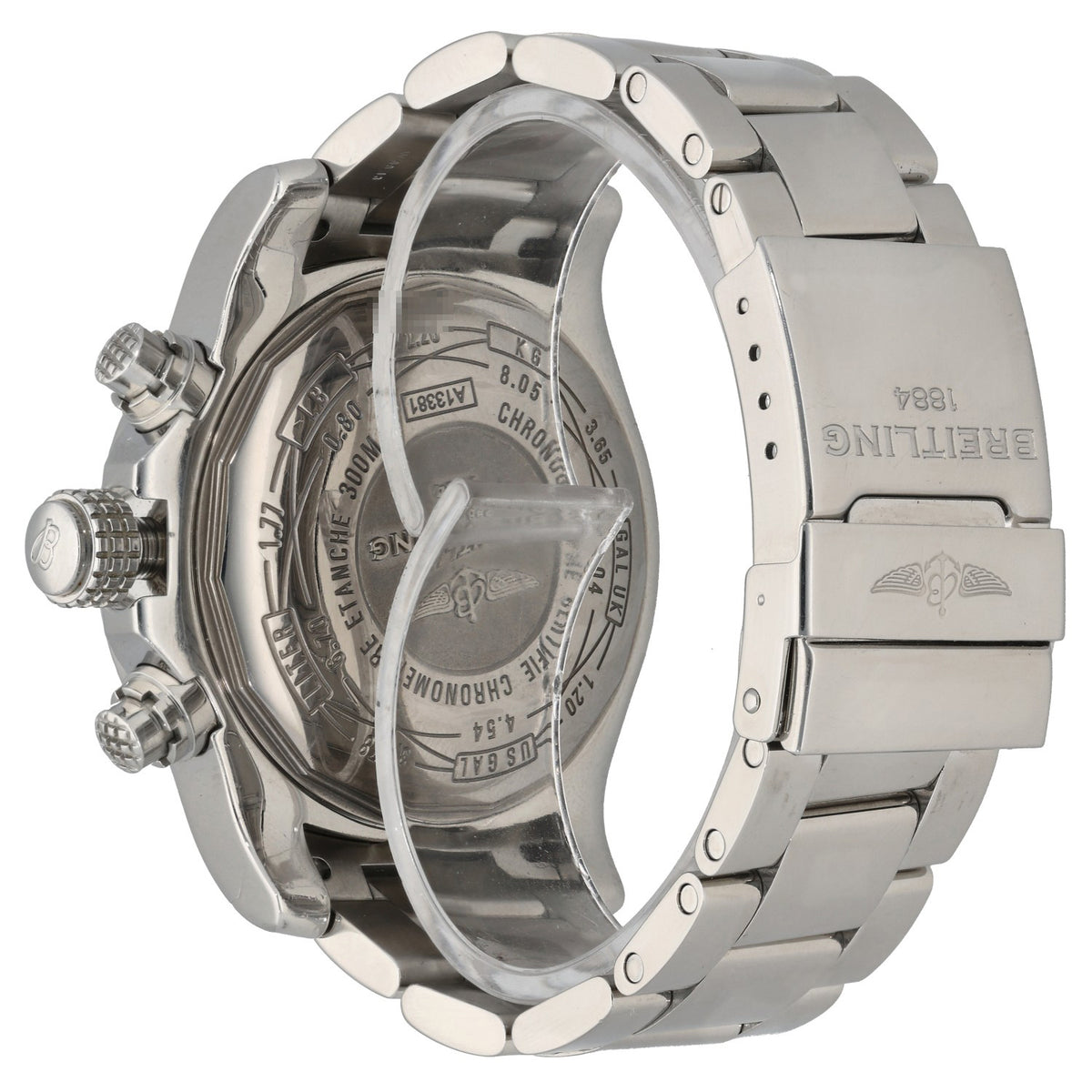 Breitling Avenger II A13381 Stainless steel watch case and bracelet, open back with engraved markings and sapphire window