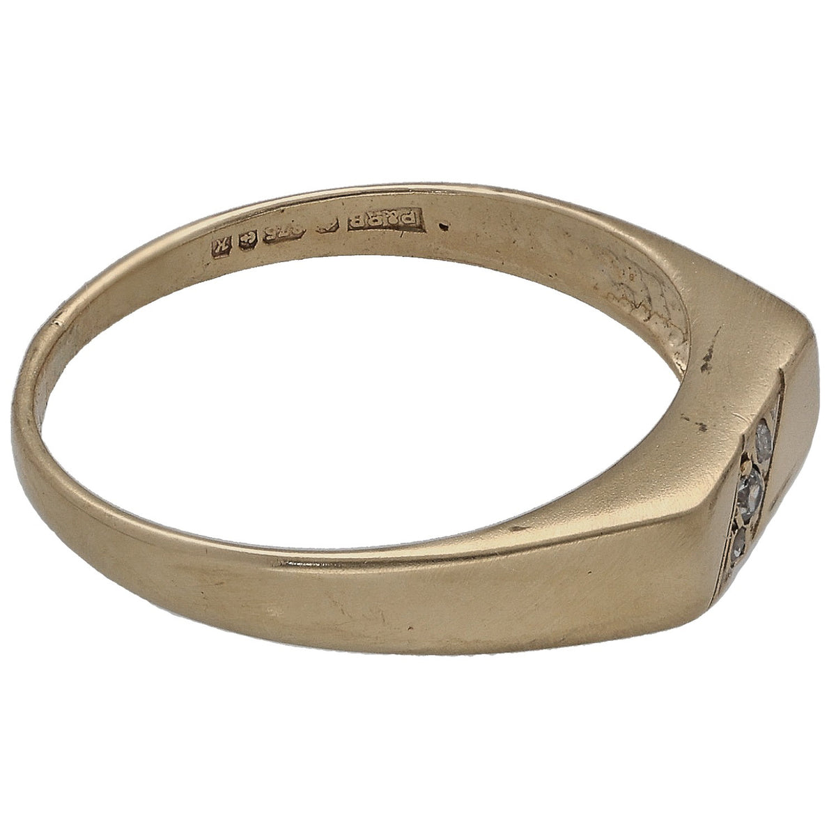 Gold 9ct signet ring side view with engraved markings and small round stones