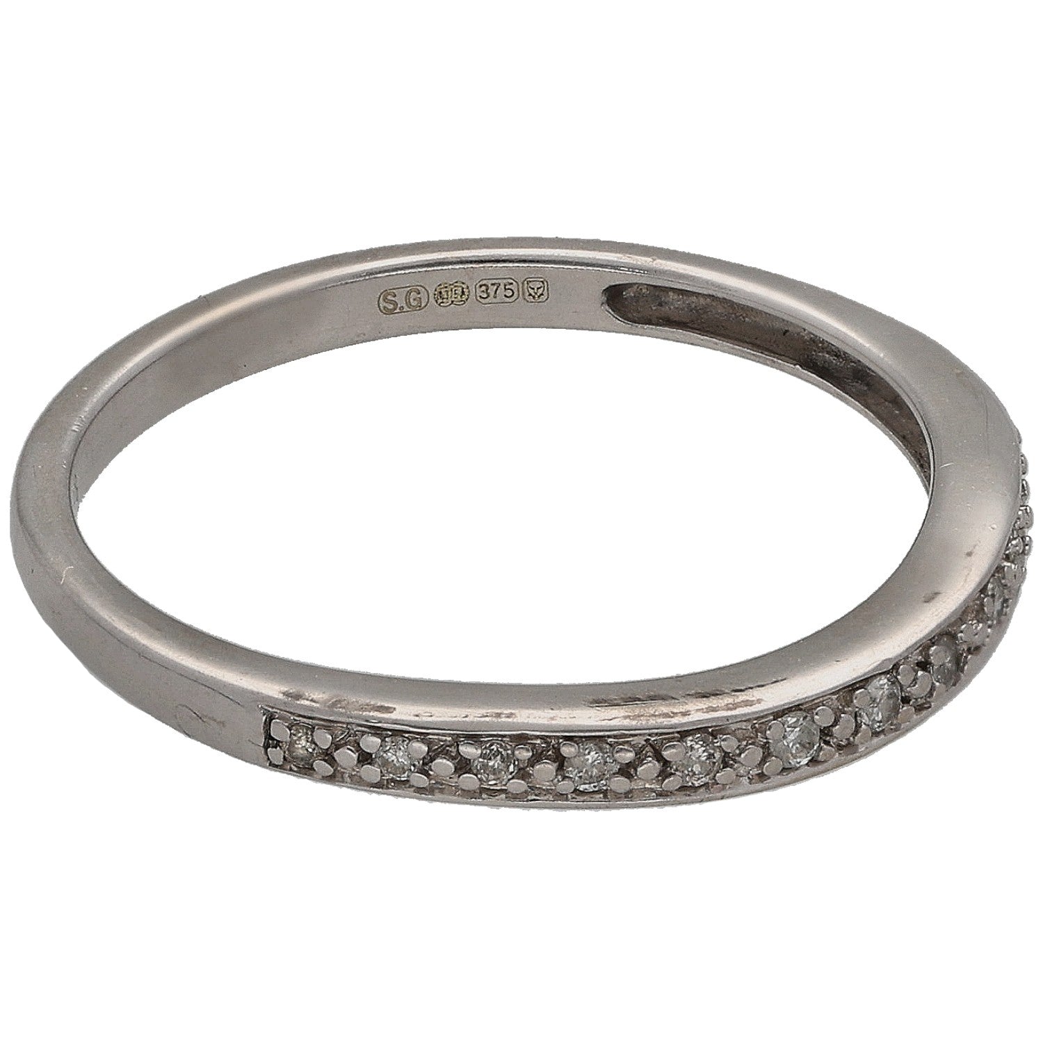 White gold half eternity ring with round diamond stones along the outer edge