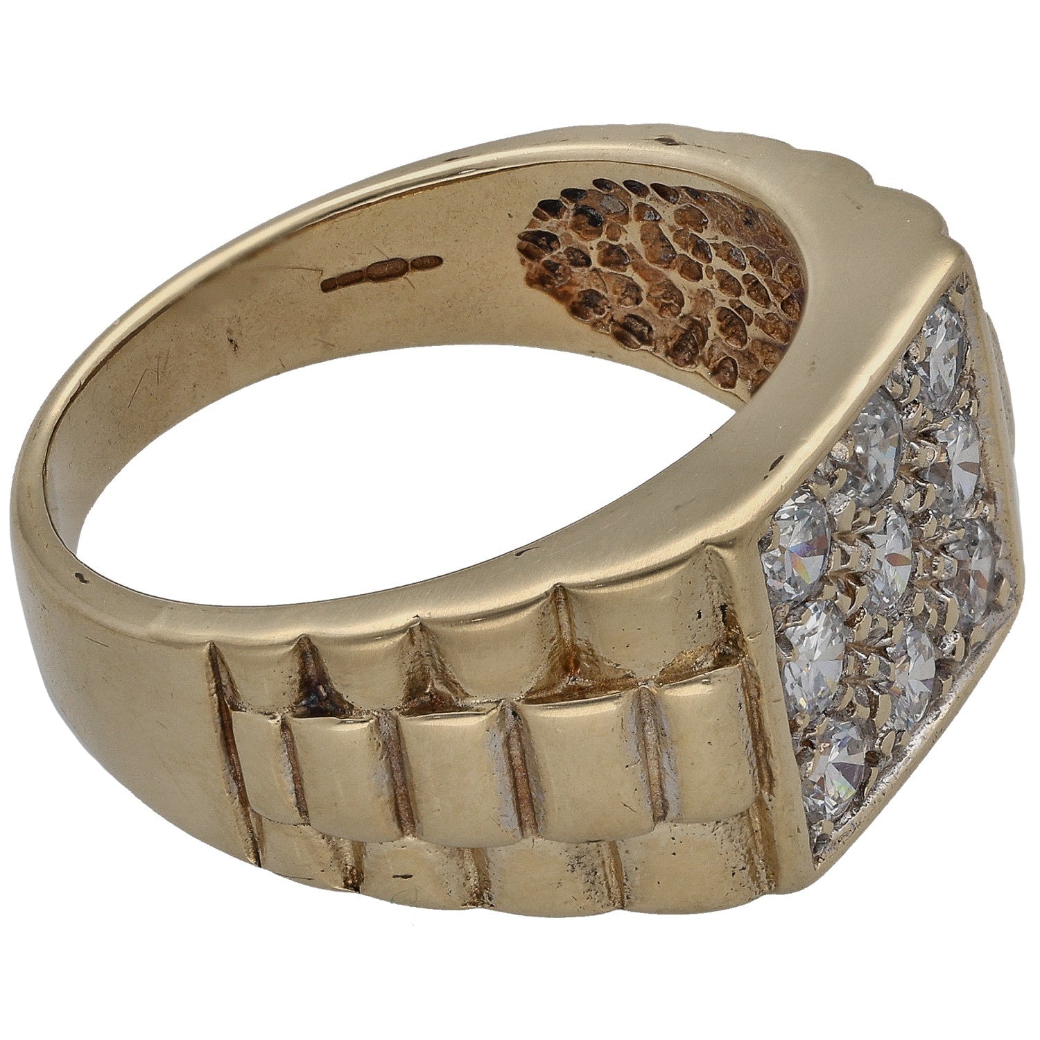 Gold signet ring with engraved band and side set CZ cluster