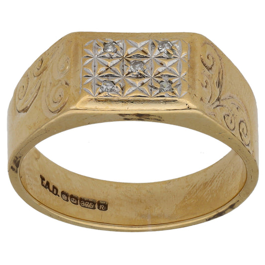 9ct Gold 0.025ct Diamond Patterned Signet Ring Size P