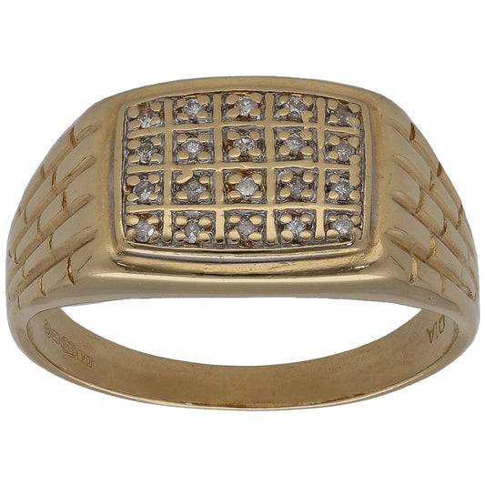 18ct Gold 0.10ct Diamond Patterned Signet Ring Size S