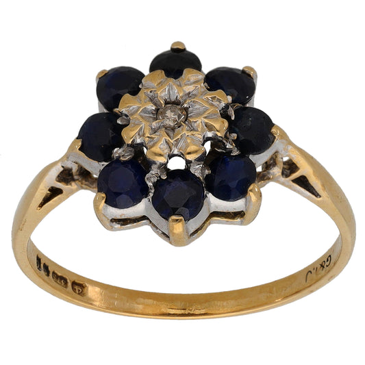 9ct Gold Sapphire & 0.01ct Diamond Cluster Ring Size O