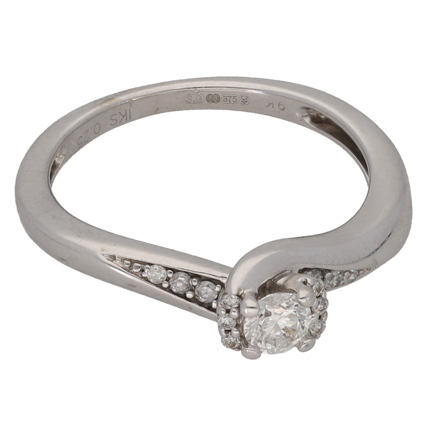 9ct White Gold 0.25ct Diamond Solitaire Ring With Accent Stones Size L