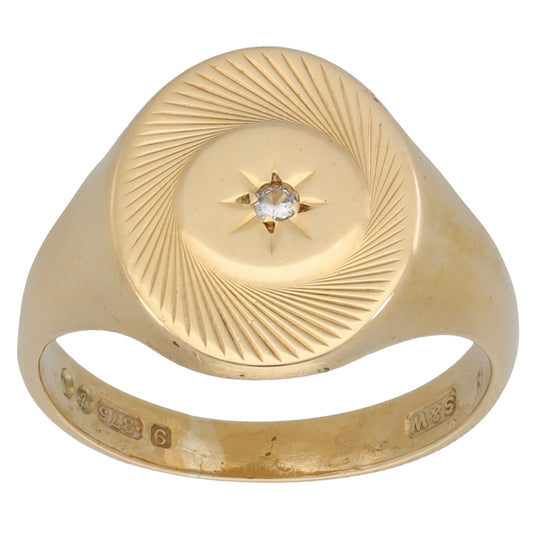 9ct Gold Cubic Zirconia Patterned Signet Ring Size O