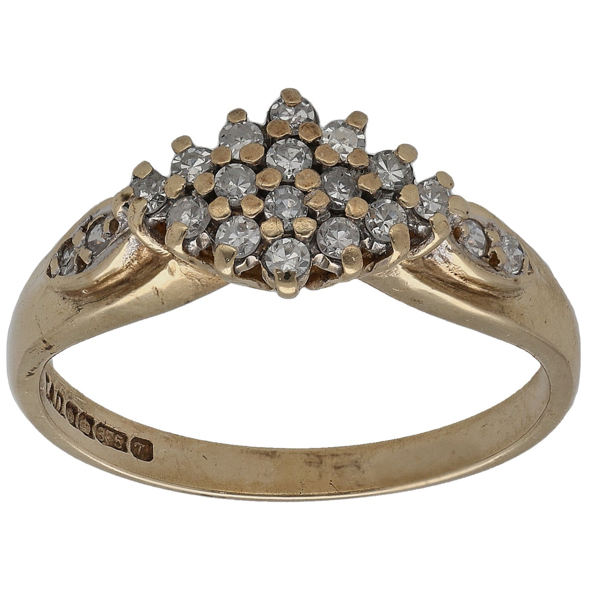 9ct gold round diamond cluster ring with raised halo of small round stones