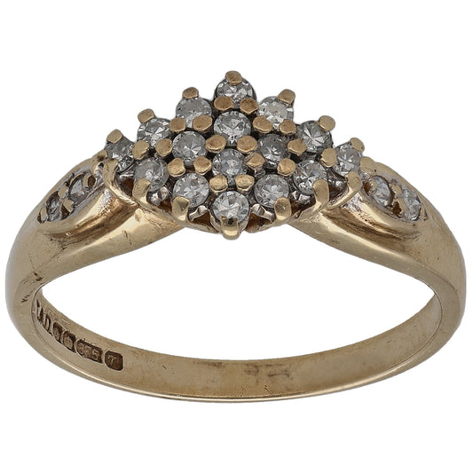 9ct gold round diamond cluster ring with raised halo of small round stones