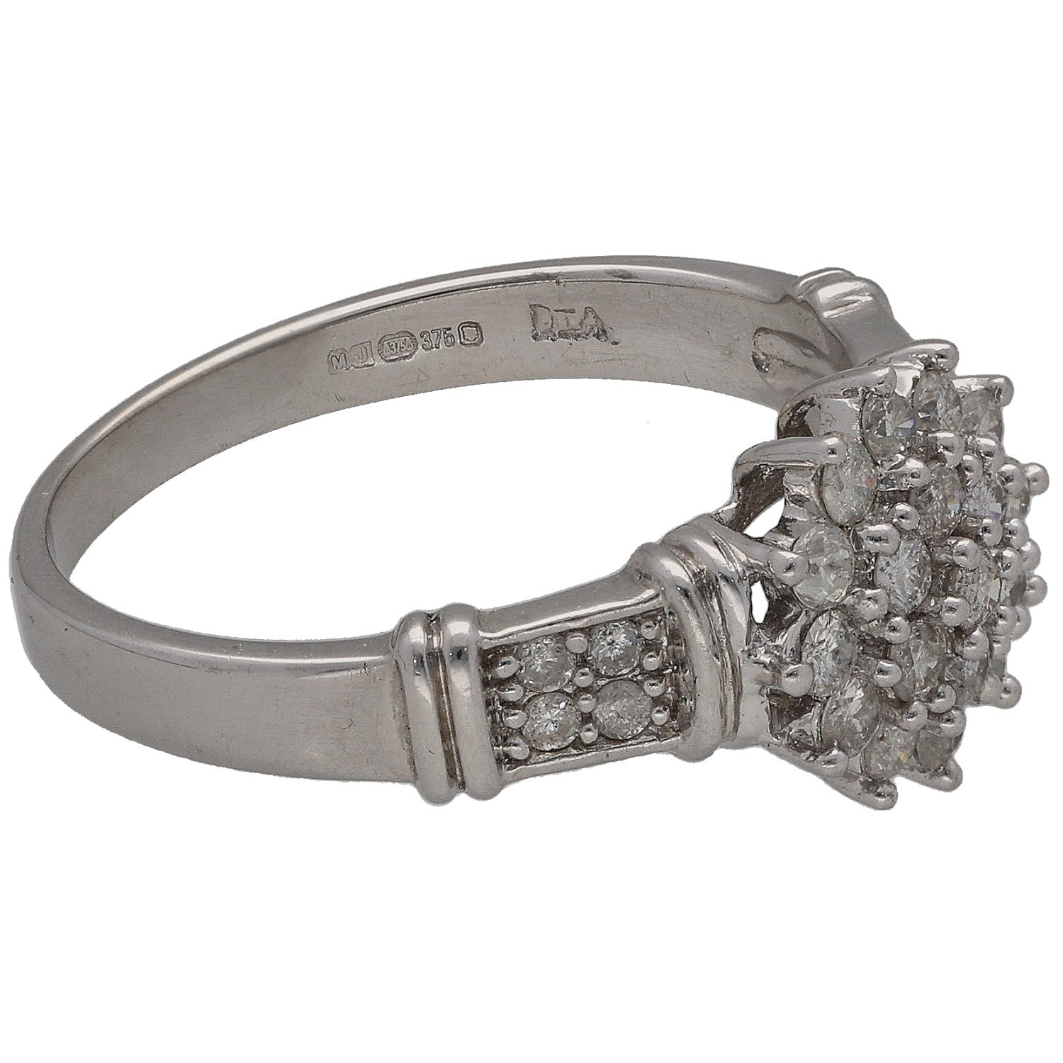 9ct white gold diamond cluster ring with pavé shoulders