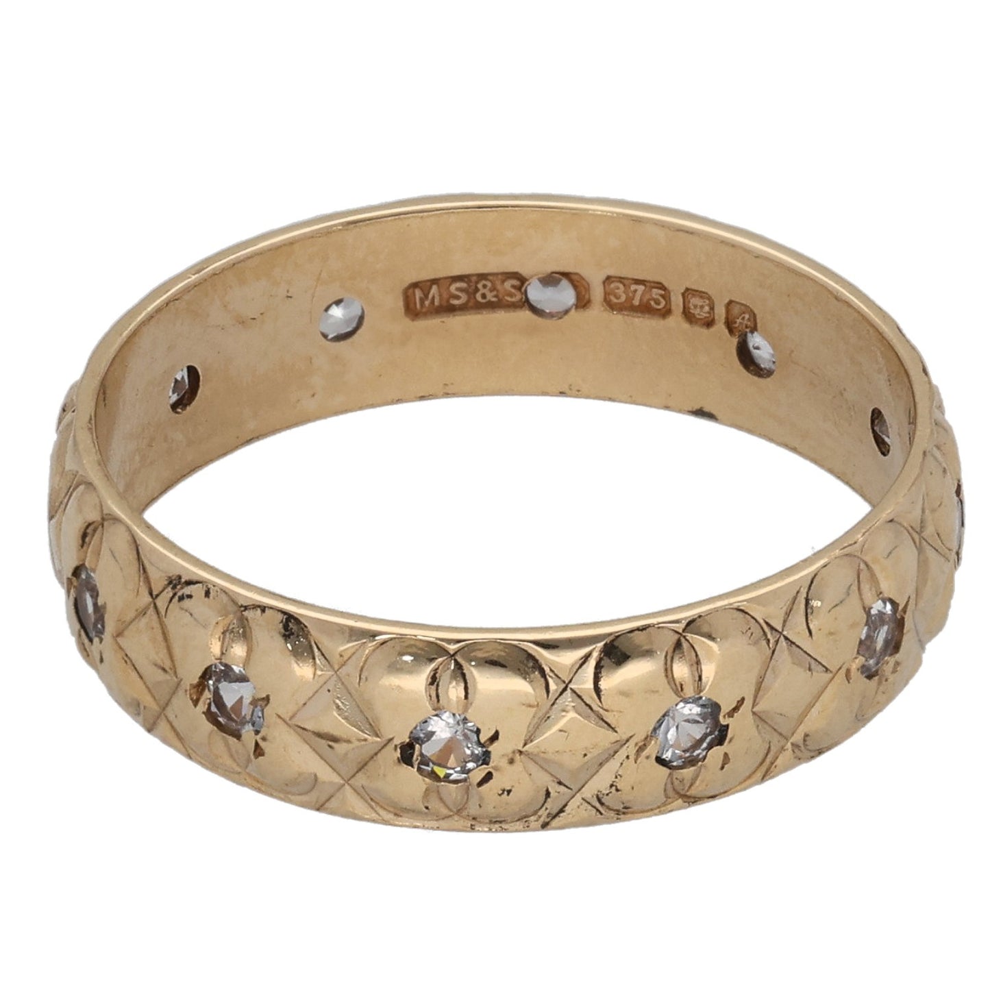 9ct Gold Cubic Zirconia Patterned Wedding Ring Size M