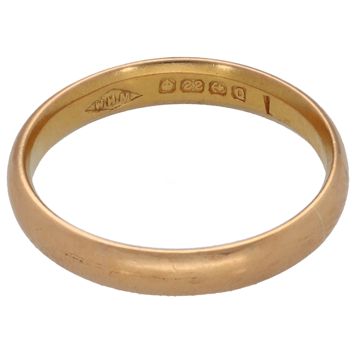 22ct gold wedding ring inside stamp detail on smooth band