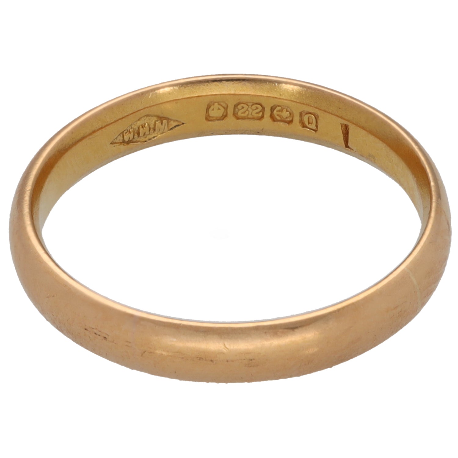 22ct gold wedding ring inside stamp detail on smooth band