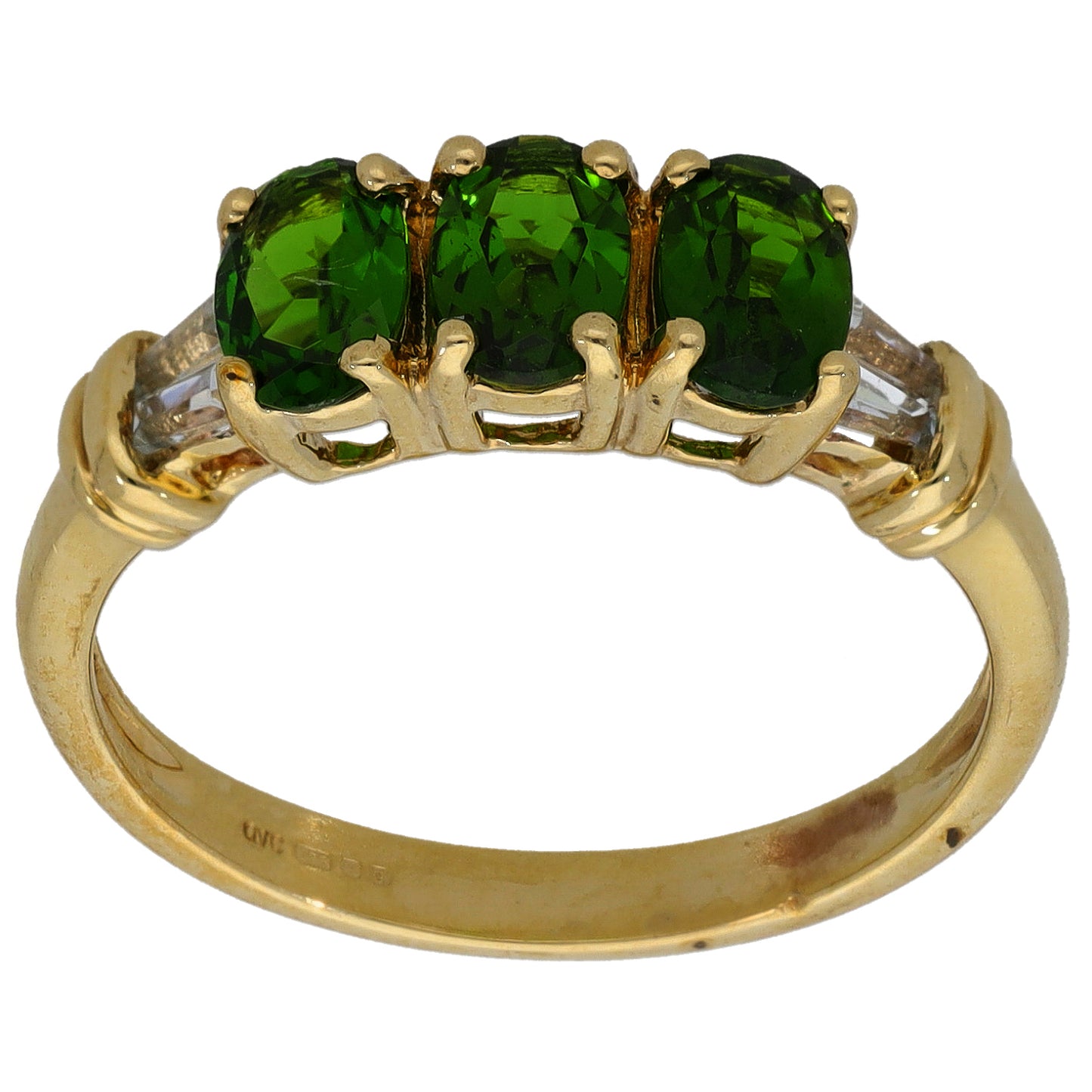 9ct Gold Diopside & Imitation Trilogy Ring Size Q