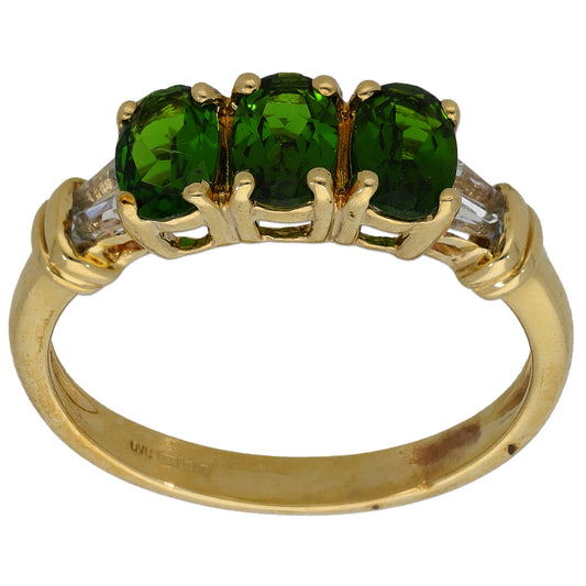 9ct Gold Diopside & Imitation Trilogy Ring Size Q