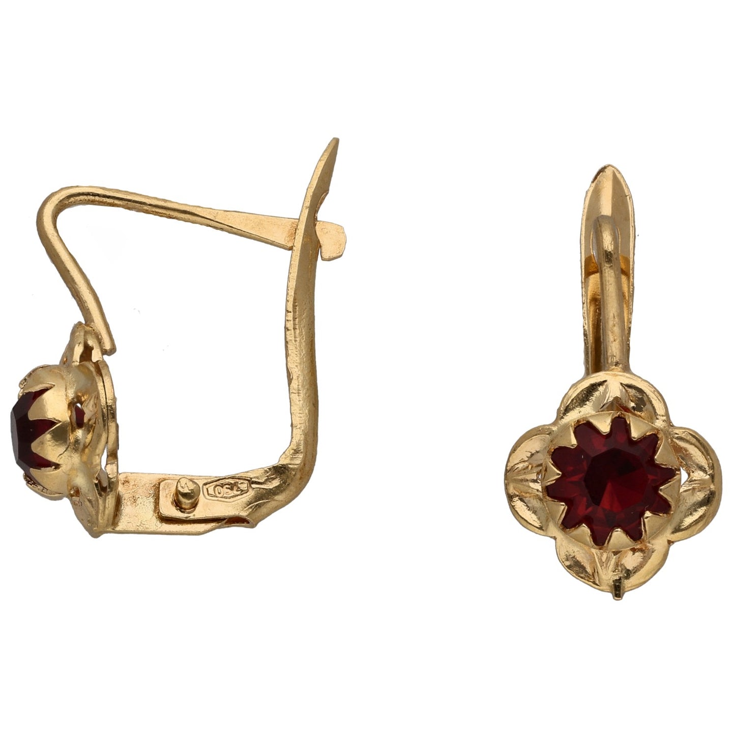 Gold-tone hoop earrings with red starburst centerpiece and scalloped bezel