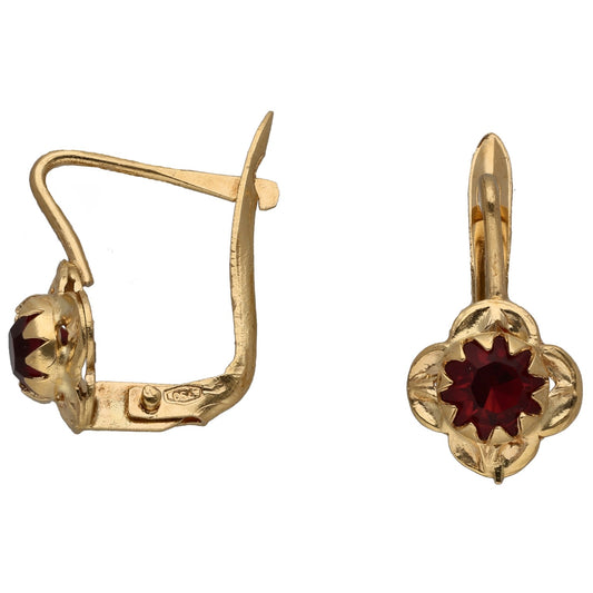 Gold-tone hoop earrings with red starburst centerpiece and scalloped bezel