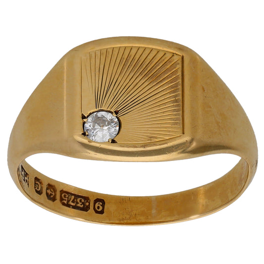 9ct Gold 0.10ct Diamond Single Stone Signet Ring Antique & Vintage Size U