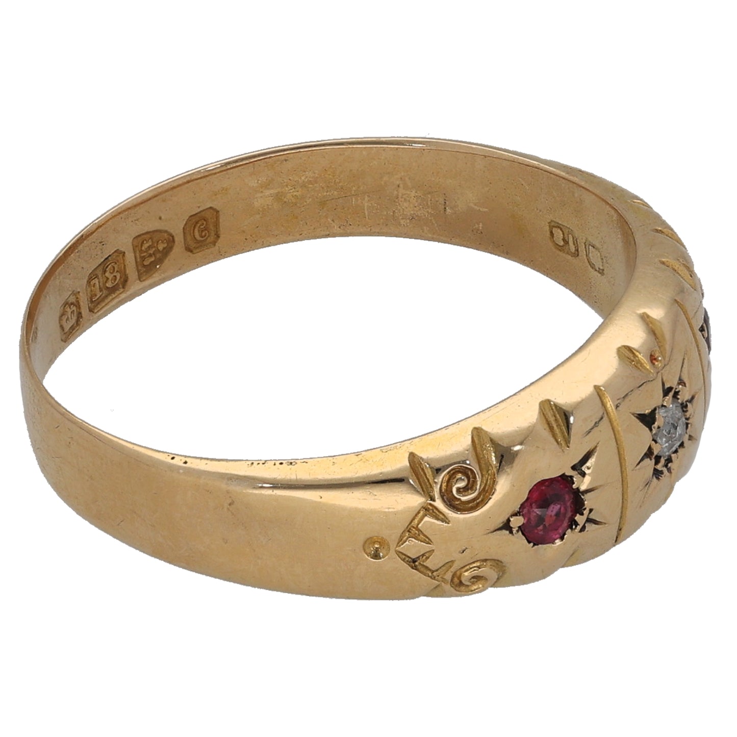 18ct Gold Ruby & 0.02ct Diamond Trilogy Ring Antique & Vintage Size P