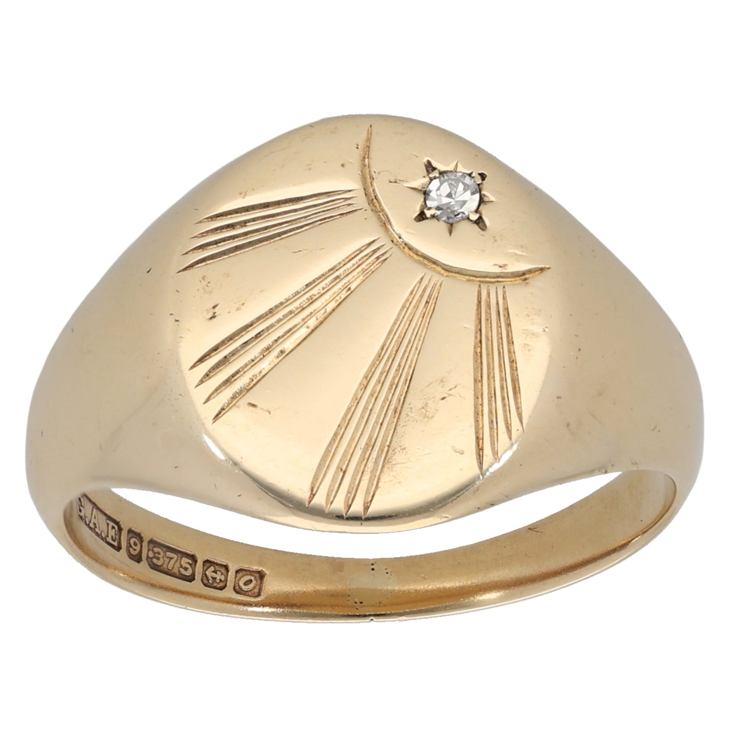 9ct Gold 0.03ct Diamond Patterned Signet Ring Size S