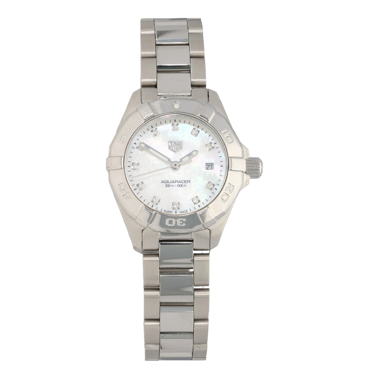 Tag Heuer Aquaracer WBD1414 Stainless steel wristwatch with white dial, date window, and bracelet links