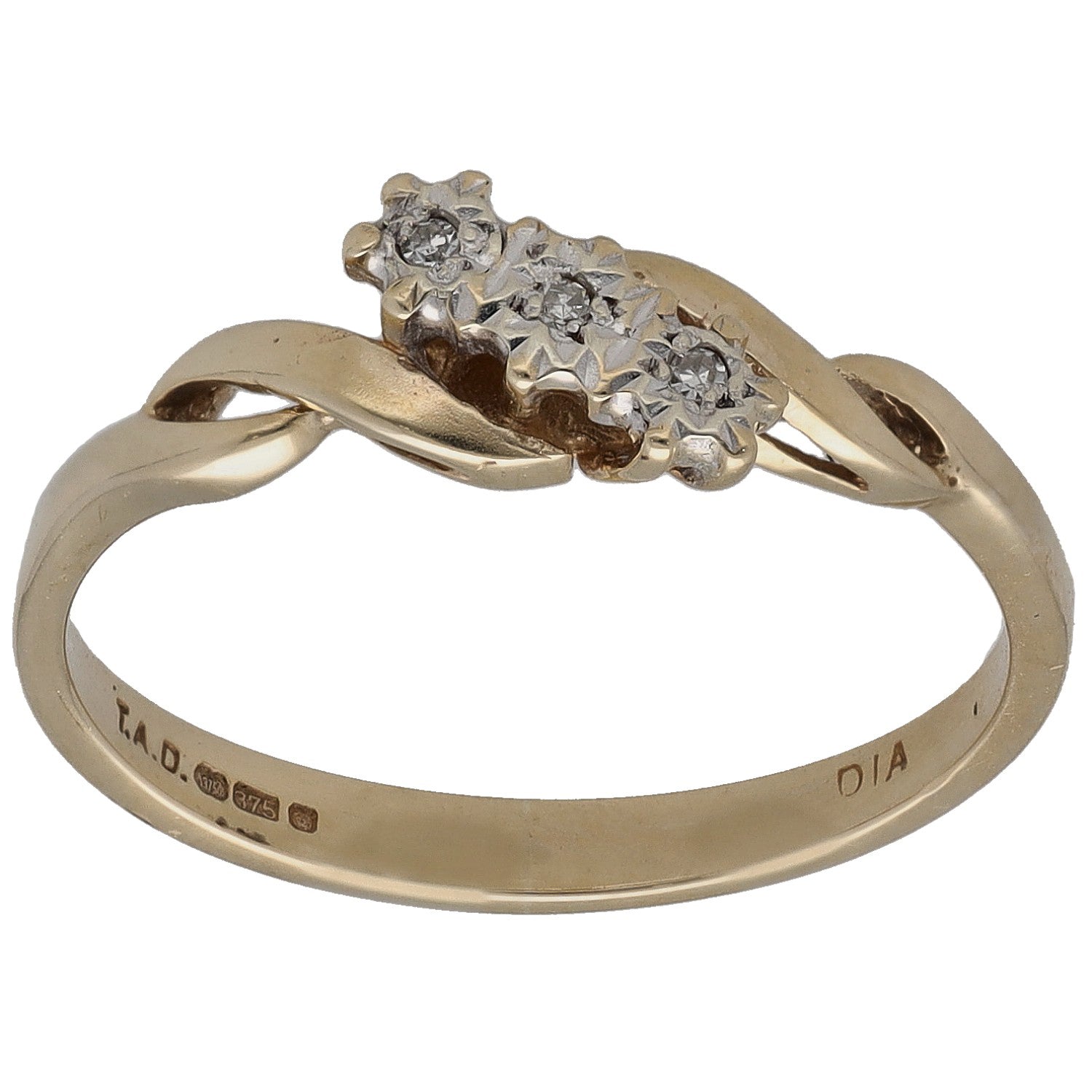 9ct gold three-stone ring with round diamonds on a curved top band