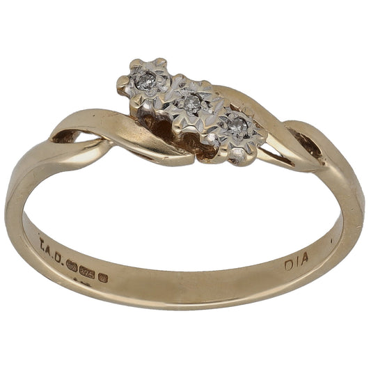 9ct gold three-stone ring with round diamonds on a curved top band