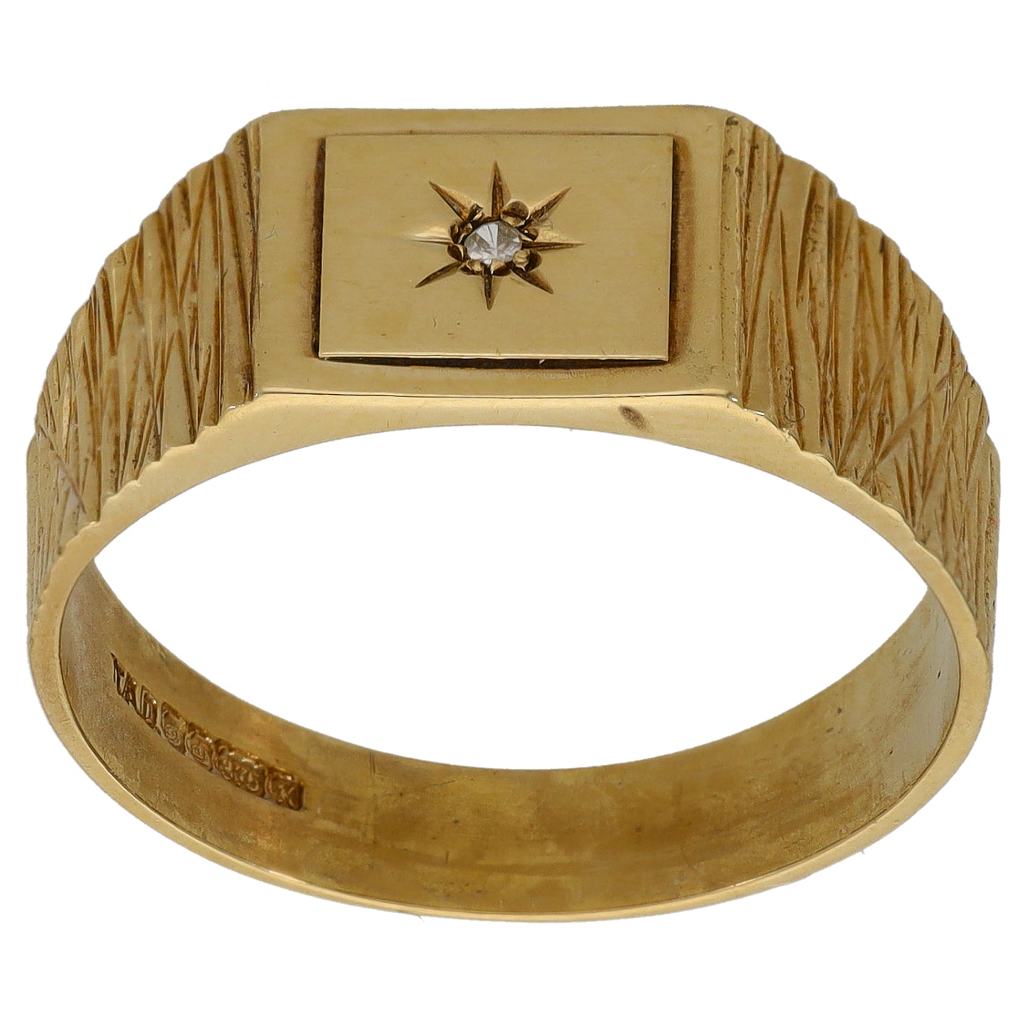 9ct Gold 0.01ct Diamond Patterned Single Stone Signet Ring Size V