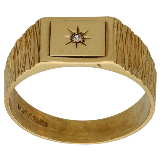 9ct Gold 0.01ct Diamond Patterned Single Stone Signet Ring Size V