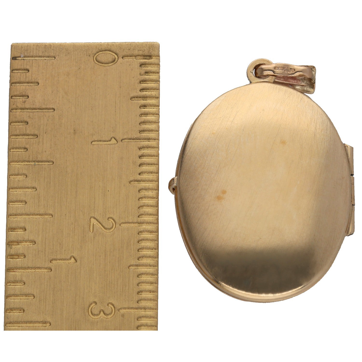 Gold oval locket pendant with plain face, small side hinge and top ring bail