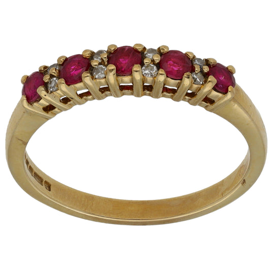 9ct Gold Glass Filled Ruby & 0.04ct Diamond Half Eternity Ring Size P