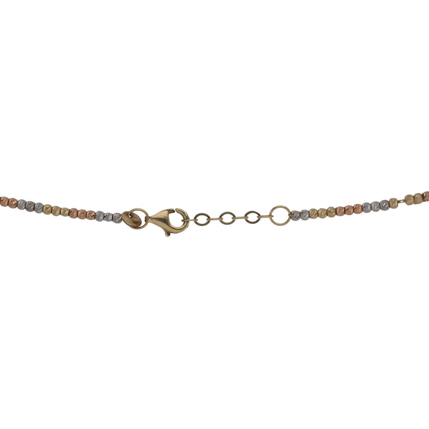 Tricolor gold beaded chain with clasp and extender rings, visible front detail