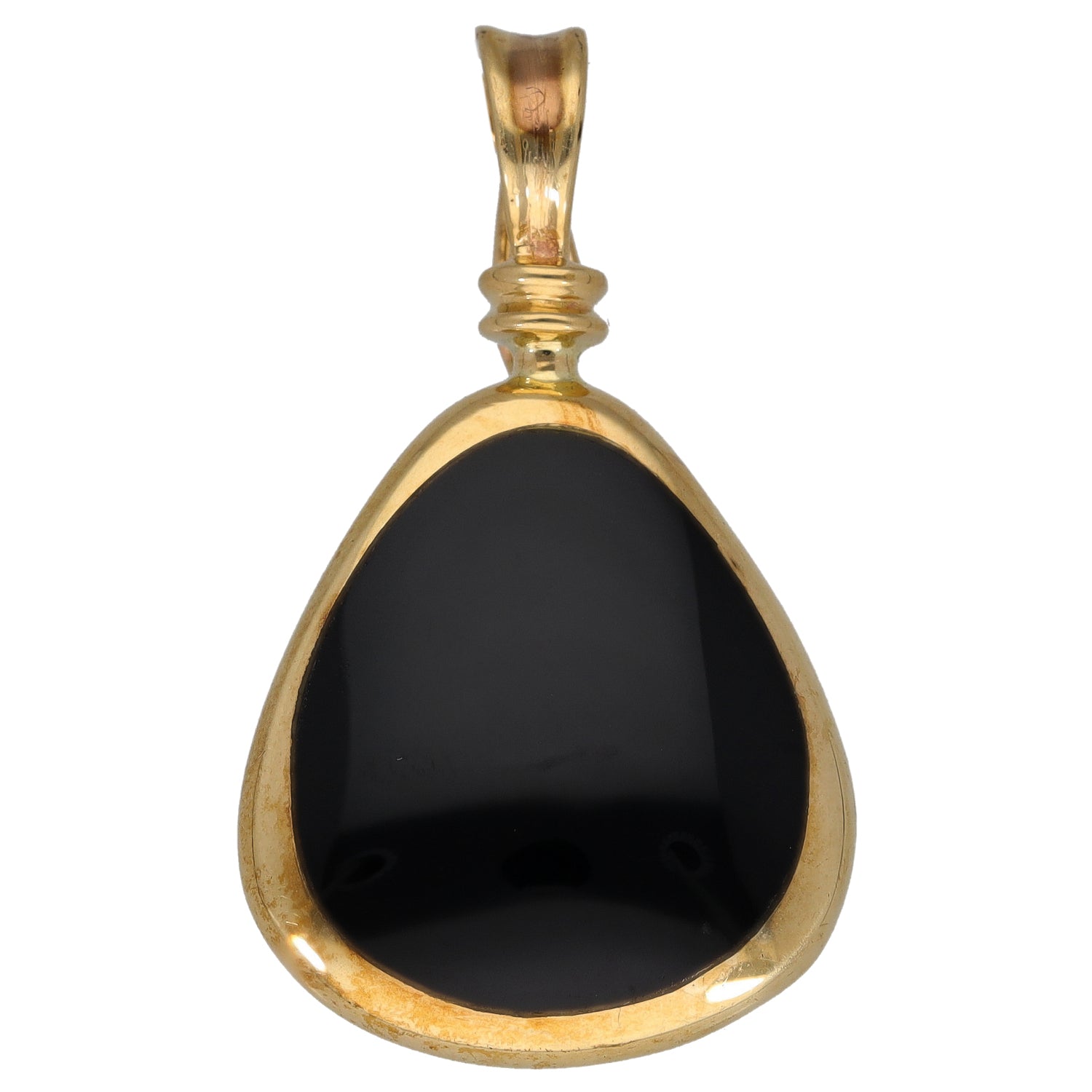 Gold teardrop pendant with black onyx center and ornate loop bail