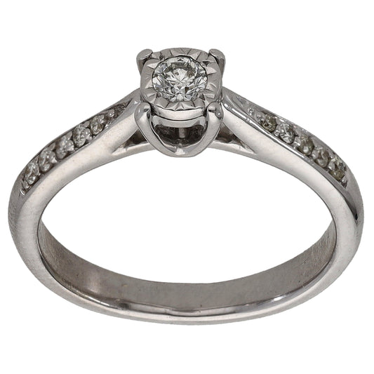 9ct White Gold 0.18ct Diamond Solitaire Ring With Accent Stones Size K