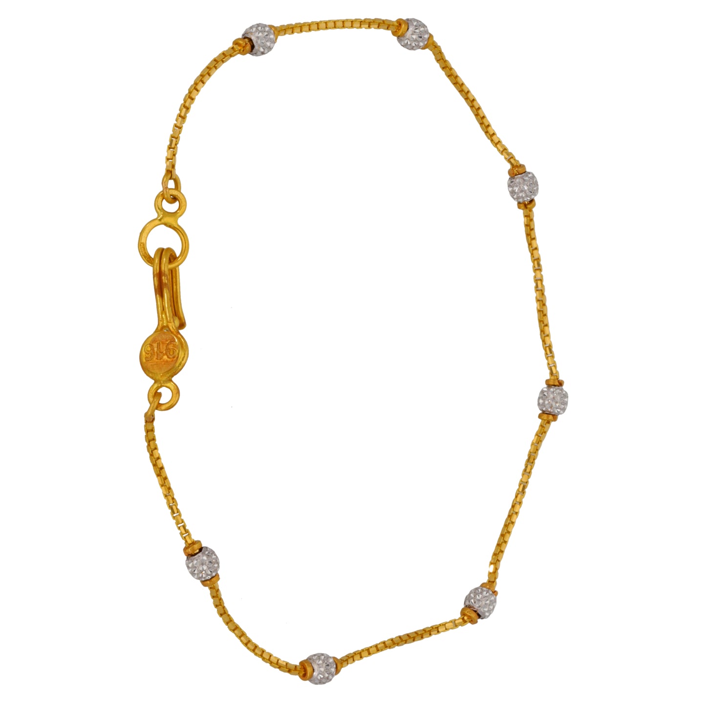 22ct Gold-tone bracelet with gray crystal discs and dangling gold chain clasp