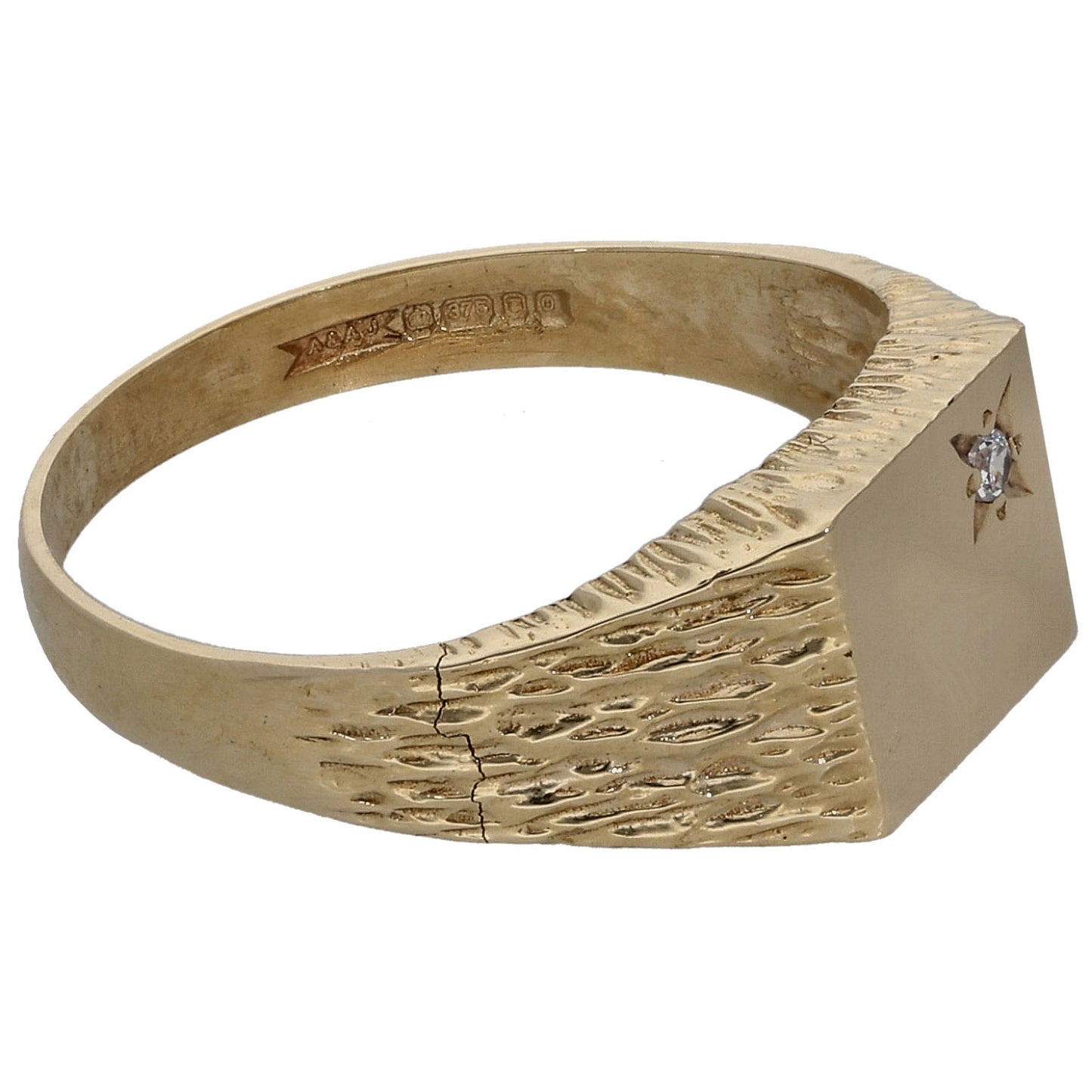 9ct Gold Cubic Zirconia Single Stone Patterned Signet Ring Size O