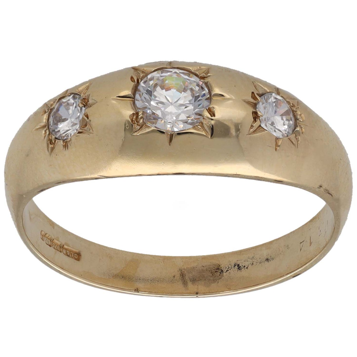 9ct gold CZ three-stone ring with round center stone and two side stones