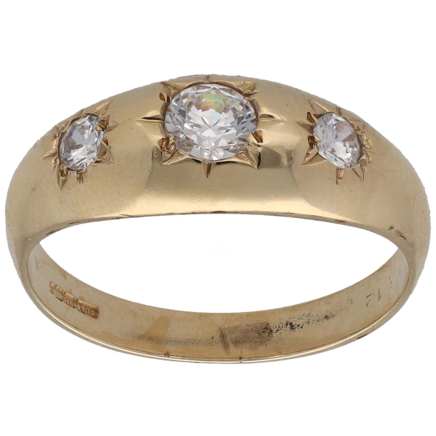 9ct gold CZ three-stone ring with round center stone and two side stones