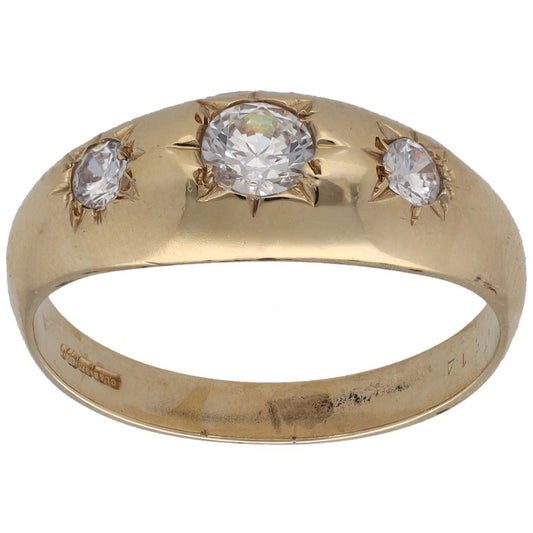 9ct gold CZ three-stone ring with round center stone and two side stones