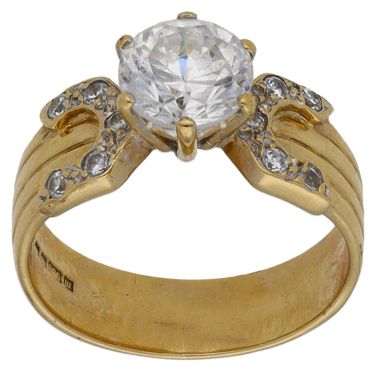 9ct Gold Cubic Zirconia Single Stone Ring with Accent Stones Size K