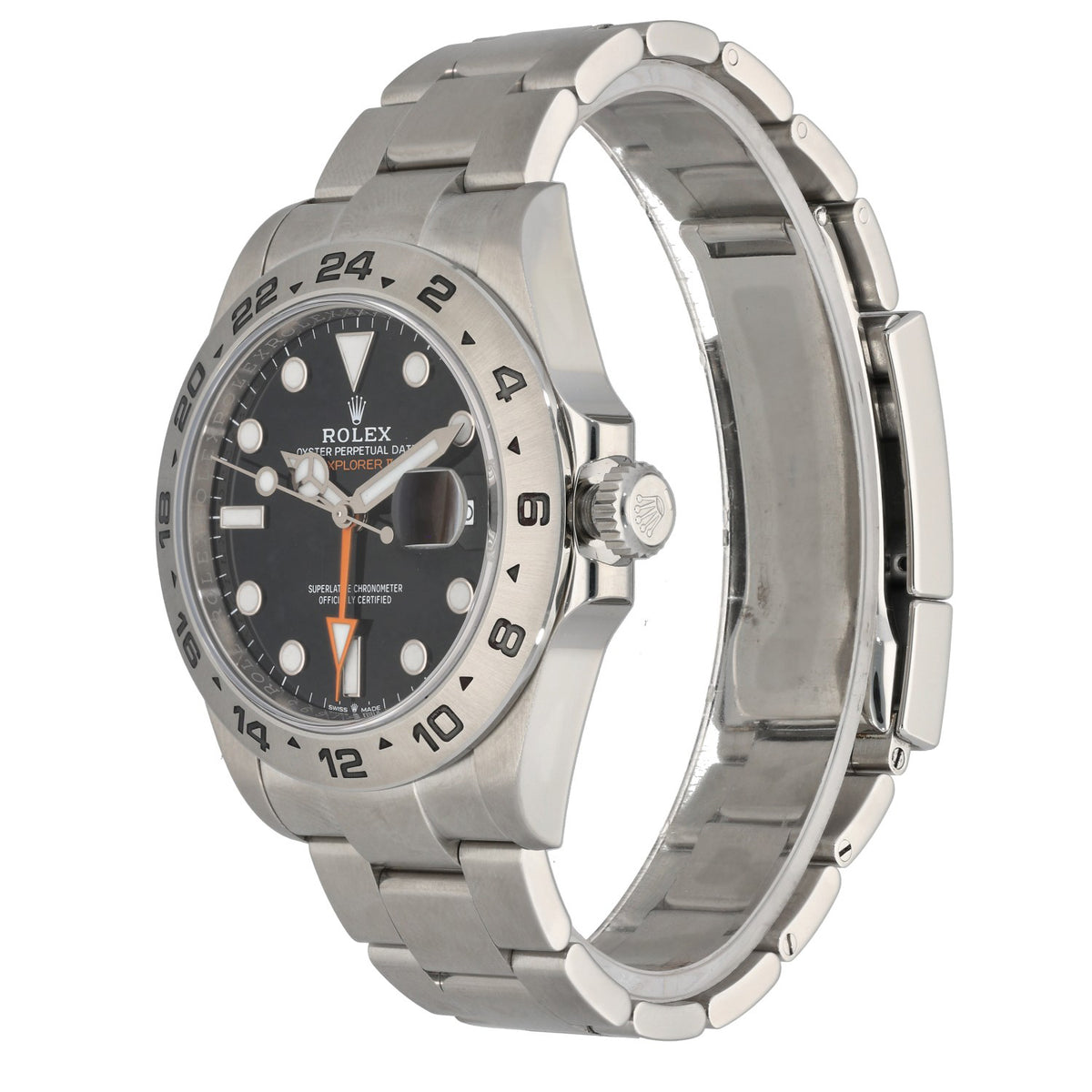 Rolex Explorer II 226570, black dial in 42mm stainless steel case and Oyster bracelet, front angle