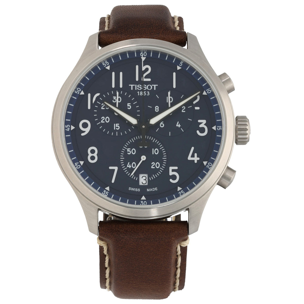 Tissot Chrono XL T116617A, blue dial watch with subdials in stainless steel case and adjustable brown leather bracelet