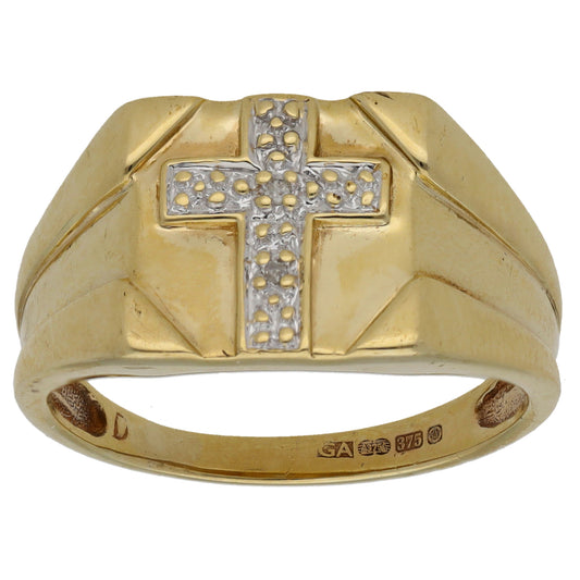 9ct Gold 0.01ct Diamond Patterned Signet Ring Size R