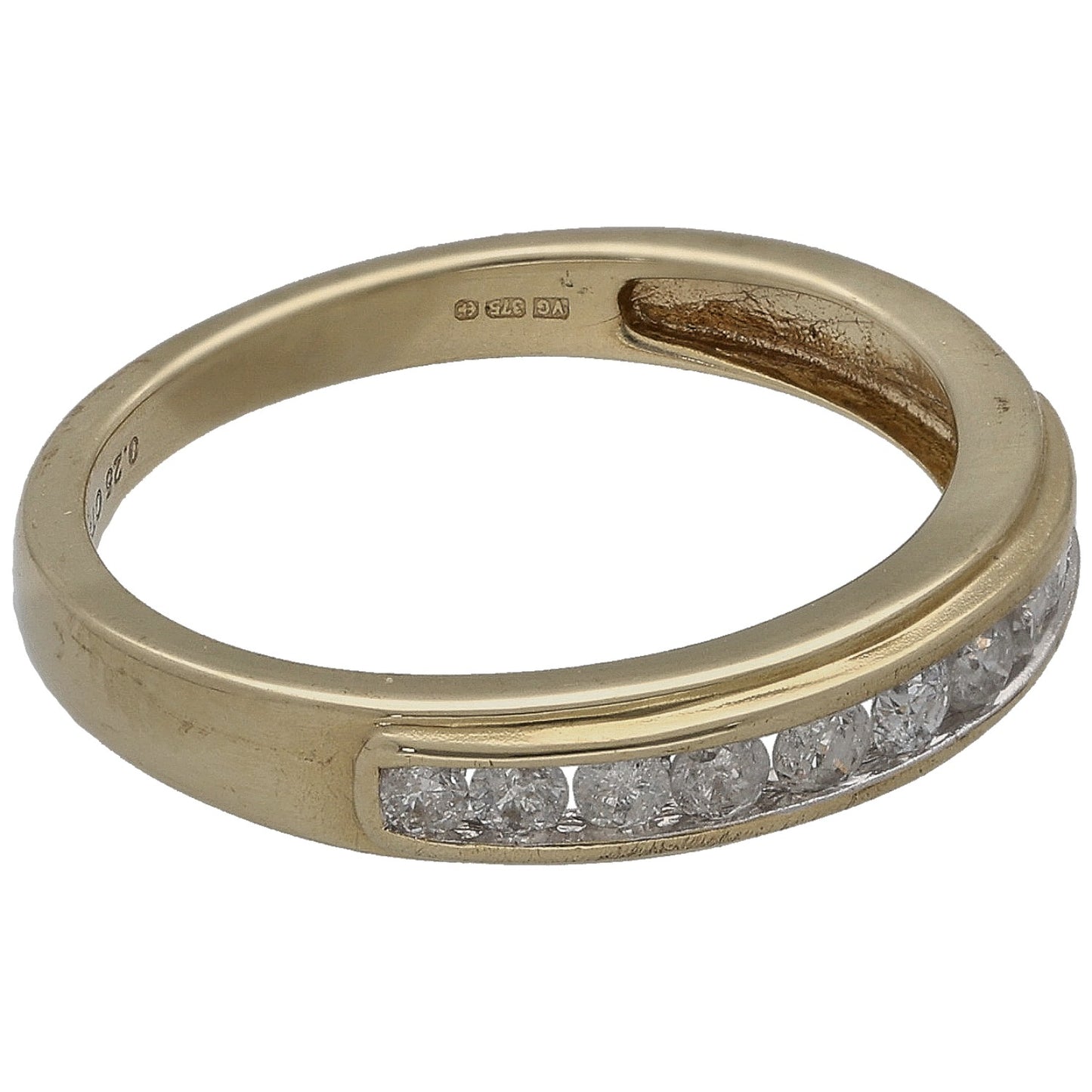 Yellow gold half eternity ring with diamond row, side view of inner hallmark