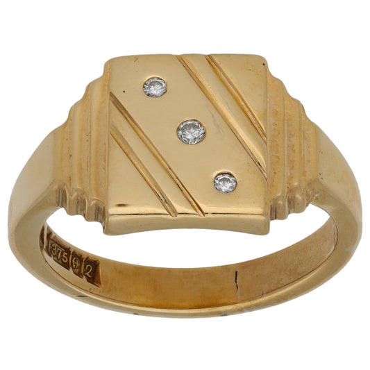 9ct Gold 0.03ct Diamond Patterned Signet Ring Size Q